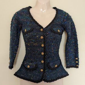 Betsey JOHNSON knit boucle cardigan jacket blue black small xs